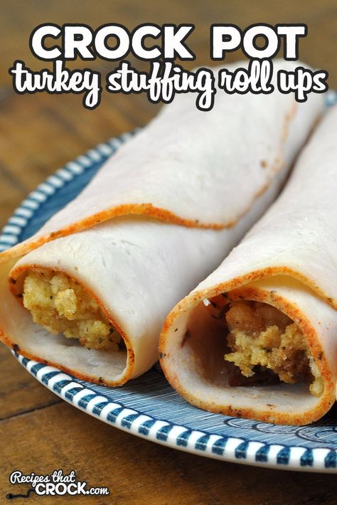 These Crock Pot Turkey Stuffing Roll Ups are a fun way to have the yumminess of a Thanksgiving dinner without all the hassle! via @recipescrock Turkey Roll Ups With Stuffing, Turkey Stuffing Roll Ups, Stuffing Roll Ups, Turkey Stuffing Casserole, Stuffing Recipes Crockpot, Crockpot Stuffing, Crock Pot Turkey, Homemade Stuffing Recipes, Turkey Roll