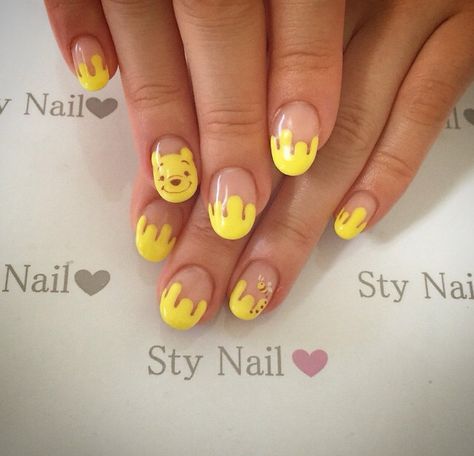 Pooh Bear Nails Art, Winnie The Pooh French Tip Nails, Classic Winnie The Pooh Nails, Winnie The Pooh Almond Nails, Winnie The Pooh Nail Art Simple, Easy Winnie The Pooh Nails, Honey Themed Nails, Whinney Pooh Nails, Simple Cartoon Nail Designs