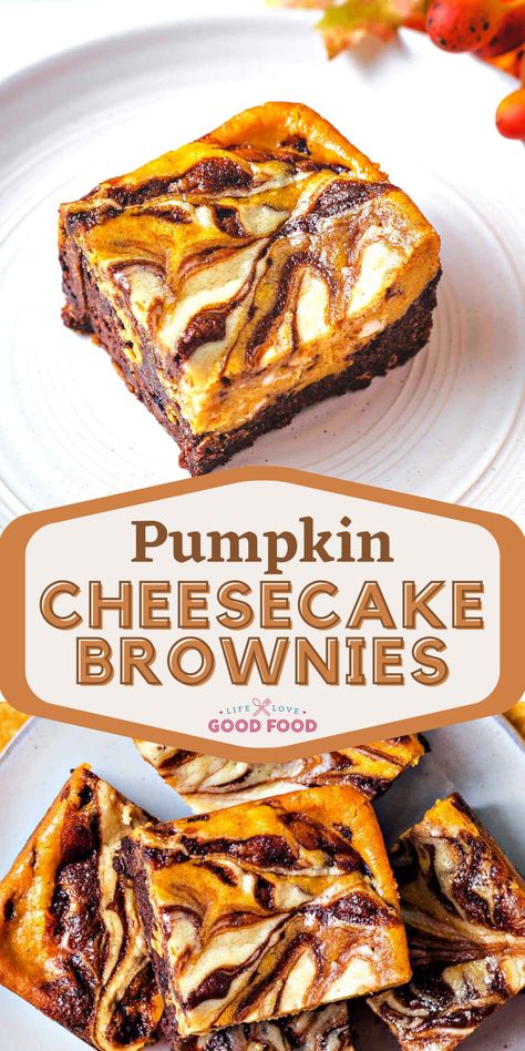 Pumpkin Brownie Cheesecakes are picture-perfect with their orange and white cheesecake layers swirled into gooey, chocolatey brownies! Just in time for the fall season are these delicious Pumpkin Cheesecake Brownies — pure heaven! Fall Recipes Baked Goods, Brownie Bottom Pumpkin Cheesecake, Fall Dessert Recipes Cheesecake, Festive Fall Desserts, Fall Brownie Recipes, Pumpkin Cream Cheese Brownies, Fall Decorated Brownies, Fall Desserts Cheesecake, Fall Dessert Box Ideas