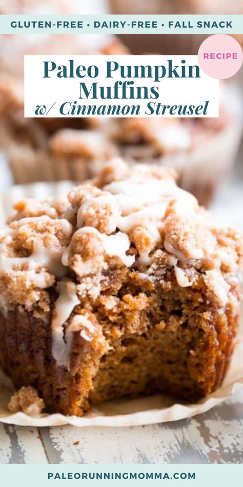 These paleo pumpkin muffins with cinnamon streusel are everything I love about fall baking! Moist, sweetly spiced pumpkin muffins are topped with the perfect streusel plus an optional maple icing! They’re a kid favorite and happen to be gluten-free, grain-free, and have a tested dairy-free option. Gf Df Pumpkin Muffins, Scd Fall Recipes, Grain Free Pumpkin Recipes, Gluten Free Pumpkin Streusel Muffins, Fall Dairy Free Recipes, Healthy Gluten And Dairy Free Desserts, Gluten And Dairy Free Pumpkin Recipes, Gluten Free Fall Baking, Aip Muffins