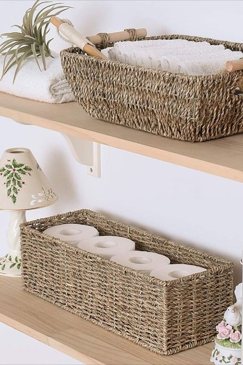 Basket For Towels In Bathroom, Basket Bathroom Storage, Bath Decoration, Woven Storage Baskets, Christmas Bathroom Sets, Towel Basket, Seagrass Baskets, Basket Bathroom, Seagrass Storage Baskets