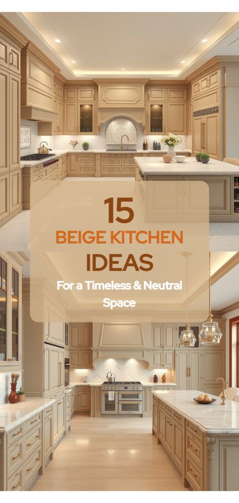 beige kitchen ideas Beige Floor Tiles Kitchen, Backsplash Kitchen Beige Cabinets, Backsplash With Cream Cabinets Kitchen, Beige Cabinets White Countertops, Kitchen With Beige Tile Floor, Neutral Kitchen Wall Colors, Kitchen Beige Cabinets, Beige And Wood Kitchen, Beige Aesthetic Kitchen