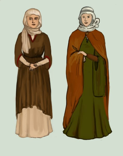 1000 - Britain (Norman conquest)Middle-ages. English women cover their hair with a wimple, which can be tied around the head with with a piece of silk.  Left: dress is very simple, knee-long overgown with short, loose sleeves is worn over a white undergown. The dress is worn with a girdle, which can be made of various materials and therefore be the most expensive part of the clothes. Right: later in the century, dress becomes more fitting, which is achieved by lacing in the back. Tadarida Deviantart, Anglo Saxon Clothing, Middle Ages Clothing, English Women, Alfred The Great, Medieval Costumes, Norman Conquest, Fashion Timeline, Sca Garb