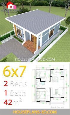 Simple House Plans 6x7 With 2 Bedrooms Shed Roof - House Small House Plans 2 Bedroom, House Plans 3d, 2 Bedroom House Design, One Bedroom House Plans, Shed House Plans, Studio House, Flat Roof House, Affordable House Plans, Roof House