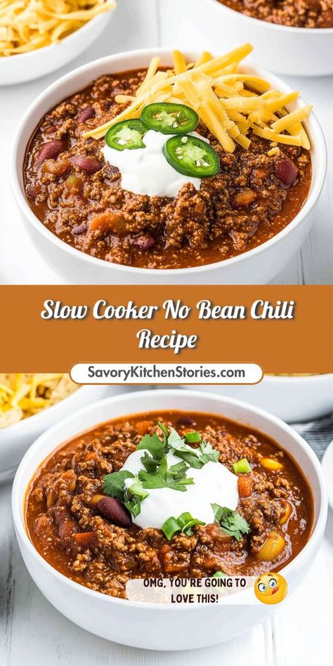 Craving a delicious chili without the hassle? This Slow Cooker No Bean Chili Recipe brings rich flavors to your table with minimal effort! It’s perfect for busy weeknights or cozy gatherings. Don’t forget to save it for your next chili night! Chili Beans Crockpot, No Bean Chili Recipe, Easy Chili Recipe Crockpot, Chili Without Beans, Beans In Crockpot, Slow Cooker Chili Recipe, Classic Chili, Bean Chili Recipe, Best Chili Recipe