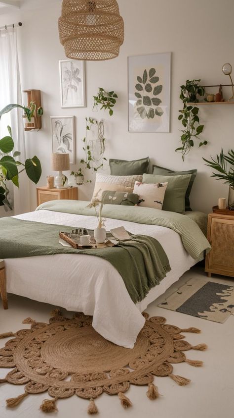 Sage Green Duvet Cover Aesthetic, Green Bedding Ideas Aesthetic, Sage Green And Off White Bedroom, Minimalist Bedroom Sage Green, White And Sage Bedding, Sage White Bedroom, Rustic Sage Green Bedroom, Beige And Green Bedroom Ideas, Earthy Warm Bedroom Aesthetic