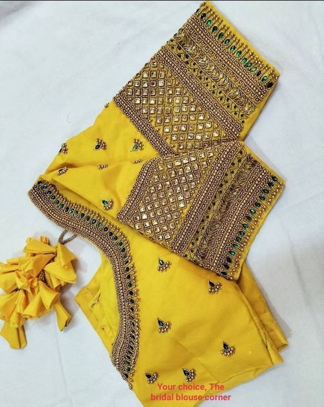 Yellow Blouse Aari Work Designs, Yellow Aari Work Blouse, Yellow Blouse Designs, Exclusive Blouse Designs, Blue Blouse Designs, Hands Design, Long Blouse Designs, Mirror Work Blouse Design, Aari Design