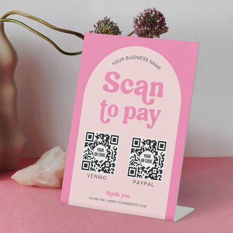 Business Scan to Pay pedestal sign featuring retro fonts, pink aesthetic design, arch background and space for 2 QR codes. You can add your business name and contact details as well as your custom scannable QR codes for any type of payment methods you accept - such as venmo, paypal, apple pay, cash app and more. Use this table top Feminine Phone Payment Sign your till in your shop, beauty salon, or at pop-up events so your customers can make a quick payment by scanning the URL codes. Pop Up Sale Display, How To Pay Design, Wooden Sign Business, Business Payment Signs, Craft Fair Payment Sign, Pop Up Shop Signs, Pop Up Shop Signage, Small Business Event Set Up, Pink Booth Design