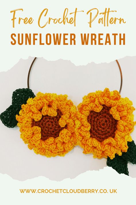 Check out this free sunflower wreath pattern #crochet #crochetgram #summerquickiescal #instacrochet #summercrochet #sunflower #sunflowercrochet #crochetofinstagram #crochetgarden #crochetinspo #crochetig #yellowcrochet #yellow #sunflowers #makersmovement #createmakeshare #crojo #crochetmakesmehappy #hookedoncrochet #sharethecrochetlove #crochetlife #lovecrochet #freecrocherpattern #freecrochetpattern Crochet Sunflower Bunting Pattern Free, Sunflower Leaves Crochet Pattern, Crochet Sunflower Wreath, Sunflower Scrunchie Crochet, Big Sunflower Crochet, Wreath Crochet, Plant Accessories, Yellow Sunflowers, Sunflower Wreath