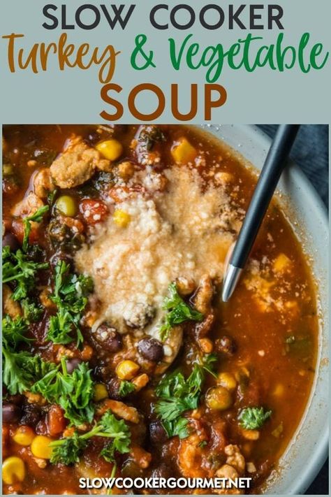 Ground Turkey Slow Cooker, Slow Cooker Turkey Soup, Vegetable Soup Crock Pot, Healthy Crockpot Soup, Turkey Vegetable Soup, Crock Pot Vegetables, Ground Turkey Soup, Beans Vegetable, Crockpot Turkey