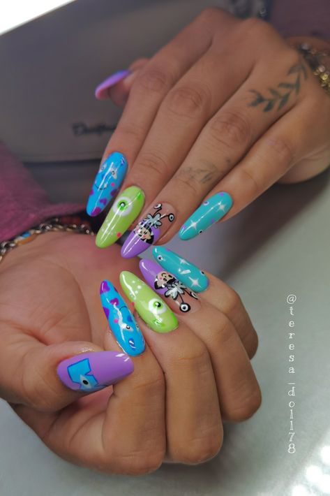 Monsters Inc Nails Design, Monster Nail Art, Monsters Inc Nail Art, Monster University Nails, Inside Out Nails, Monster Inc Nails, Victoria Nails, Monster High Nails, Disney Themed Nails