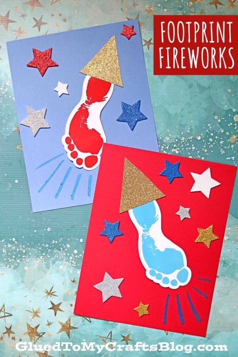 Footprint Firework - 4th of July Keepsake For Kids To Make New Year Art Projects For Toddlers, Infant Fourth Of July Art, Baby Firework Craft, Forth Of July Footprint Art, Footprint Fireworks, 4th Of July Nicu Craft, 4 Of July Crafts For Preschoolers, Firework Footprint Art, 4th Of July Art For Infants