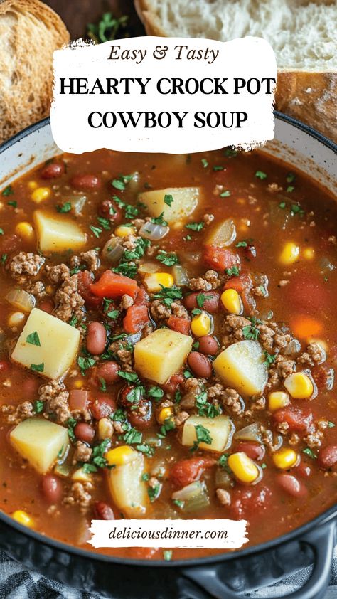 Comforting Crock Pot Cowboy Soup - Delicious Dinner Crockpot Dinners Soup, Cozy Crockpot Soup, Slow Cooker 7 Can Soup, Hearty Crock Pot Cowboy Soup, Crock Pot Cooking Soup, Crockpot Soup Recipes Easy Simple, Cheesy Cowboy Soup 12 Tomatoes, Quick Easy Crockpot Soup, Cowboy Caviar Soup