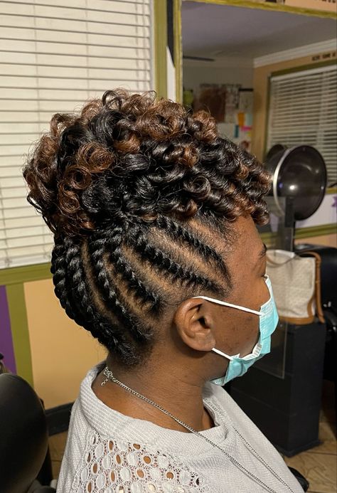 Flat Twist Updo With Curls, Updo Twists For Black Women, Cornrow Updo Hairstyles For Black Women, Natural Twist Updo, Flat Twist Hairstyles Updo, Crochet Updo Hairstyles, Flat Twist Updo Natural Hair, Twist Updo Hairstyles, Braided Updo Natural Hair