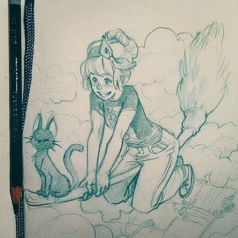 Riding Broom Pose, Kikis Delivery Service, Sketch Poses, A Broom, Book Illustration Art, Halloween Illustration, Sketch Inspiration, Drawing Artwork, Anime Poses