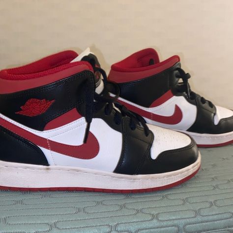 Jordan 1 Mid Gym ( Red, black, white ) Jordan 1 Mid, White Shop, Jordan 1, The Box, Nike Shoes, Jordan, Black White, Gym, Nike