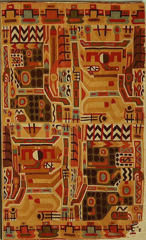 Wari, Tunic Fragment, Peru, 7th-9th century. Repinned by Elizabeth VanBuskirk. Fragment is from a royal tunic. The figures are abstracted from the so-called "messengers" flanking a "crying" god sculpture on a gate in Tiahuanaco, Bolivia. The figures on the gate were repeated again and again in varying abstractions, In some they become simply code-like --the eye with its "tear," the feet, mouth, headdress, bent x-ray-like legs, and staff. Fascinating study. Pinned on "Inca & pre-inca Textiles." Inca Art, Peru Culture, Peruvian Art, Peruvian Textiles, African Artwork, Geometric Vintage, Antique Textiles, Tapestry Weaving, Metropolitan Museum