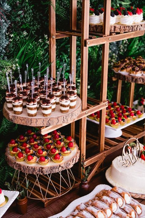 Wedding Dessert Table Ideas Food Corner Wedding, Plant Stand Dessert Table, Unique Wedding Dessert Table, Autumn Wedding Menu Food Ideas, 2023 Wedding Dessert Trends, Grab And Go Desserts Wedding, Boho Fall Wedding Dessert Table, Dessert Display Ideas Restaurant, Mixed Dessert Table Wedding