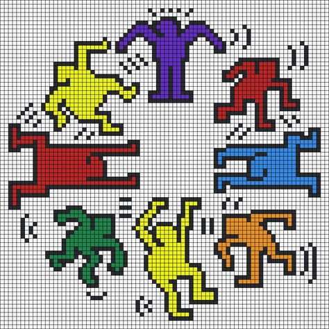 Keith Haring Cross Stitch Pattern, Crochet Keith Haring, Keith Haring Pixel Art, Keith Haring Alpha Pattern, Keith Haring Cross Stitch, Dancing Pixel Art, Dancing Doodle, Keith Haring Dancing, Pixel Quilting