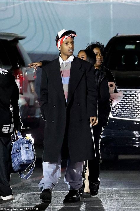 Celebrities In Trench Coats, Asap Rocky Trench Coat, Bandana With Hat, Asap Rocky Bandana, Black Trench Coat Outfit Men, Men Trench Coat Outfit, Trench Coat Men Outfit, Black Coat Outfit Men, Trench Coat Outfit Men