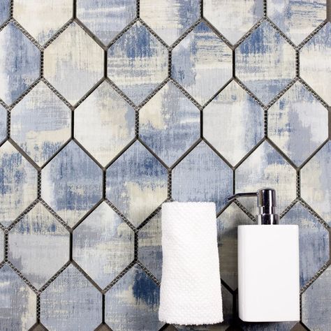 Nature Honeycomb 3.5" x 5.13" Glass Mosaic Tile in Cement Blue/Gray Metal Mosaic Tiles, Blue Backsplash, Elegant Tiles, Mosaic Floor Tile, Mosaic Bathroom, Stone Mosaic Tile, Mosaic Backsplash, Ceramic Mosaic Tile, Glass Subway Tile