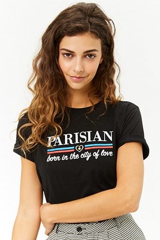 Parisian Graphic Tee Cute Forever 21 Graphic Print Tops, Forever 21 Graphic Print Summer Tops, Forever 21 Summer Graphic Tee, Forever 21 Spring Graphic Tee, Long Sleeve Tops For Women, Sweaters Short, Forever 21 Graphic Print T-shirt For Streetwear, Text Shirt, Graphic Tops