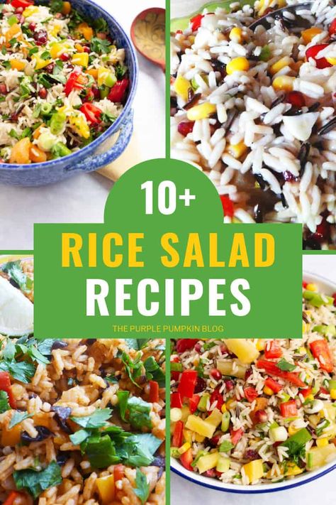 Looking for Rice Salad Recipes? Here is a delicious selection for you to browse through and prepare at home. Whether you are looking for a side salad or a main dish recipe, there are cold, and warm rice salads using a range of different types of rice - basmati, long-grain, and wild - and a variety of tasty ingredients for you to enjoy! #RiceSaladRecipes #RiceSalads #Recipes #SaladRecipes #ThePurplePumpkinBlog #RiceDishes #RiceRecipes Rice Based Salads, Leftover Rice Salad Recipes, Rice Salads For Parties, Cold Rice Salads Summer, Basmati Rice Salad Recipes, Rice Salad Recipes Cold Healthy, Easy Rice Salad Recipes Cold, Summer Rice Salad Recipes, Rice Salads Summer