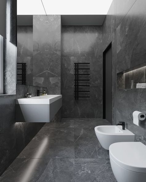 Dark Gray Marble Tile Bathroom, Grey Stone Bathroom Ideas, Dark Marble Tile Bathroom, Dark Grey Modern Bathroom, Grey Washroom Tiles, Dark Grey Tiles Bathroom, Grey Marble Floor Bathroom, Dark Gray Marble Bathroom, Dark Grey Marble Bathroom