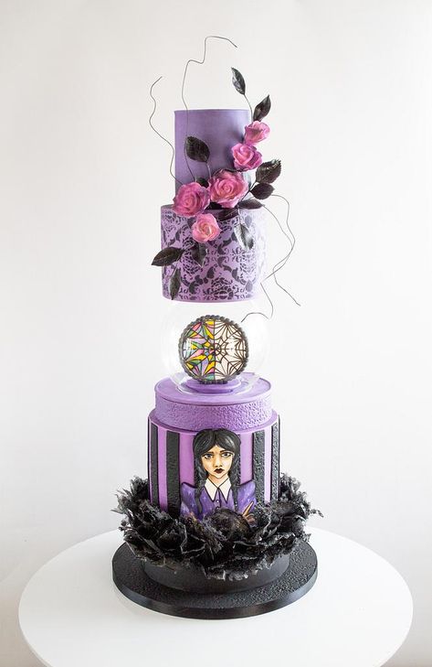 #wednesday #cakes #cakedecorating #3dcake #gravitycake #pinterest #sugarflowers #purple #wednesdayaddams #cake #cakedecorating #cakeart #cakedecor #cakesdecor Wednesday Cake Ideas, Spooky Food Ideas, Wednesday Addams Cake, Wednesday Addams Party Ideas, Wednesday Cake, Wednesday Addams Party, Wednesday Birthday, Horror Cake, Wednesday Party