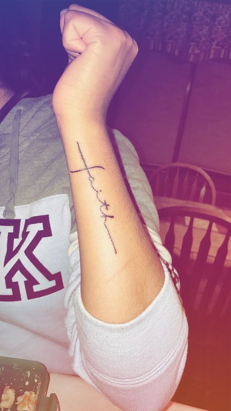 Faith Arm Tattoos For Women, Faith Arm Tattoo, Tattoo On Side Of Hand, Have Faith Tattoo, Faith Cross Tattoos, Hello Tattoo, Faith Tattoo Designs, Faith Tattoos, Faith Tattoo On Wrist