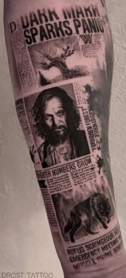 Harry Potter Newspaper, Harry Potter Tattoo Sleeve, Dark Mark Tattoos, Hogwarts Tattoo, Harry Tattoos, Hp Tattoo, Nature Tattoo Sleeve, Harry Potter Poster, Wicked Tattoos