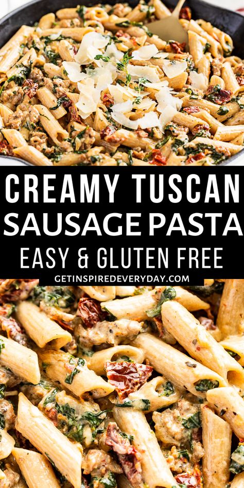 Creamy Tuscan Sausage Pasta, Tuscan Sausage Pasta, Gluten Free Pasta Dinner, Tuscan Sausage, Cajun Sausage Pasta, Dairy Free Pasta Recipes, Ground Sausage Recipes, Gluten Free Sausage, Sausage Recipes For Dinner