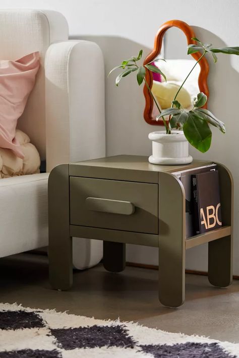 Cool Night Stands, Postmodern Nightstand, 70s Nightstand, Rounded Nightstand, Cool Nightstand, Funky Nightstand, Unique Nightstand Ideas, Room Cool Ideas, Retro Nightstand