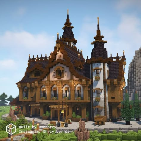 Minecraft Cottage Mansion, Minecraft Building Ideas Mansions, Mansion Minecraft Ideas, Minecraft Building Ideas Castles, Minecraft Medieval Interior, Minecraft Mansion Ideas, Minecraft Mansions, Minecraft Castle Designs, Fantasy Country