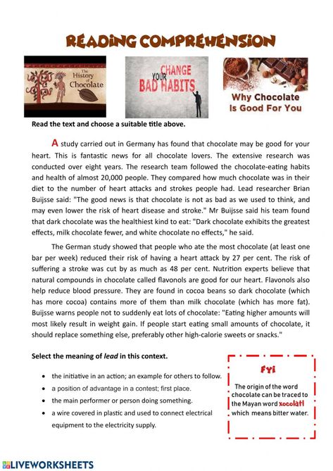 Reading comprehension online worksheet for Pre-Intermediate +. You can do the exercises online or download the worksheet as pdf. Reading Text For Intermediate, Intermediate Reading Comprehension, Interesting Articles To Read, Intermediate Reading, Esl Reading Comprehension, Middle School Reading Comprehension, Reading Comprehension Test, Reading Comprehension Texts, Esl Reading