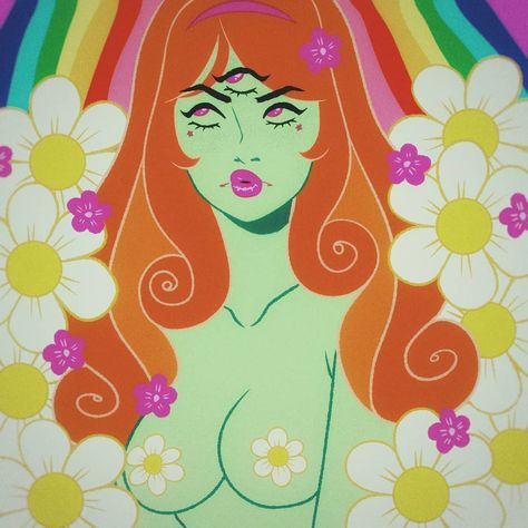 Flower Power Drawing, Trippy Flower Art, 70s Groovy Art, Groovy Drawings, Flower Power Aesthetic, Hippie Illustration, Cool Hippie Art, Trippy Flowers, Flower Power 60s