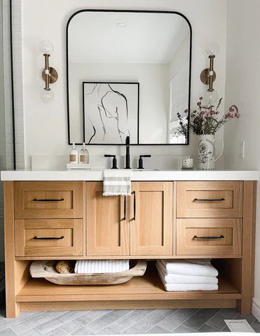 Calming Neutral Bathroom, Bathroom Lighting Beside Mirror, Black And Light Wood Bathroom, Farmhouse Contemporary Bathroom, High Contrast Bathroom, Modern Shiplap Bathroom, Bathroom With One Sink, Bathroom With Gold Hardware, Bathrooms With Black Fixtures