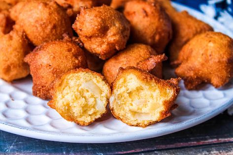 Southern-Style Hush Puppies | Just A Pinch Recipes Southern Hush Puppies Recipe, Fried Chicken Side Dishes, Southern Hush Puppies, Homemade Honey Butter, Hush Puppies Recipe, Bread Cinnamon Rolls, Bread Cinnamon, Side Dishes For Chicken, Southern Cuisine