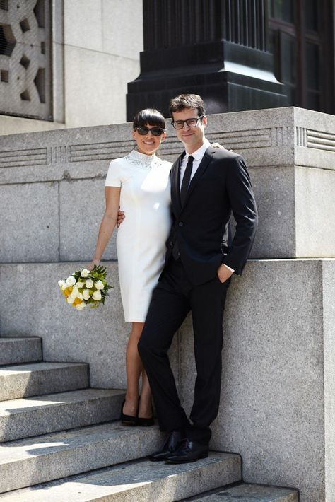 15 City Hall Brides Who Nailed It #refinery29 http://www.refinery29.com/city-hall-wedding-brides-photos#slide-7 Catalina and Jonathan looking sleek after their City Hall ceremony in New York.... Wedding Dresses Nyc, City Hall Wedding Dress, City Hall Weddings, New York City Hall, Courthouse Wedding Photos, Courthouse Wedding Dress, Below The Knee Dresses, Wedding Court, City Hall Wedding