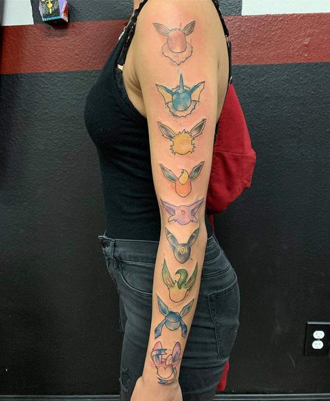 Eevee Evolutions Tattoo, Eeveelutions Tattoo, Eevee Tattoo, Gengar Tattoo, Colored Tattoos, Beach Fragrance, Evolution Tattoo, Pokemon Tattoos, Pikachu Tattoo