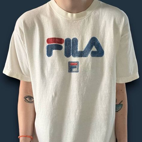 FILA Logo Shirt Vintage 90s Size Large White Tee Blue Athleisure Sportswear Female Wears, Fila Shirt, Blue Athleisure, Comfy Streetwear, Fila Logo, Fila Vintage, Logo Shirt, Red Logo, Casual Tee