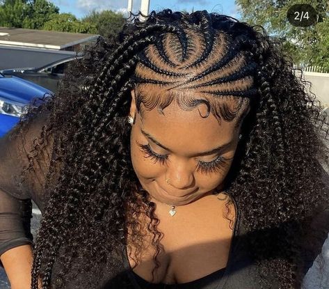 Half Braids Hairstyles For Black Women, Half Braid Half Curls Black Women, Braided Cornrow Hairstyles With Weave, Braided Hairstyles With Sew In, Corn Row Front Sew In Back, Braids On Top Sew In Back, Braided Front Hairstyles For Black Hair, Single Braid Half Up Half Down, Fulani Braids With Water Wave