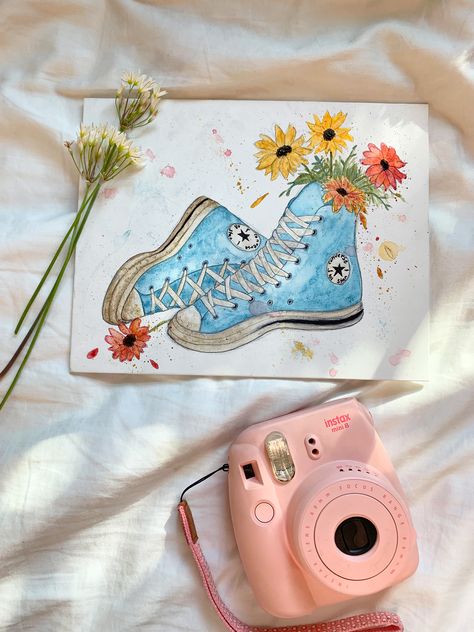 Watercolor converse with flowers painting, watercolor on canvas painting Shoes Paintings On Canvas, Converse Painting On Canvas, Shoe Painting Ideas On Canvas, Converse With Flowers, Converse Painting Ideas, Painting Converse, Converse Painting, Drawing On Converse, Converse Drawing