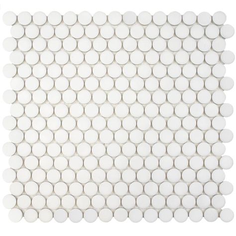 Merola Tile Hudson Penny Round Matte White 12 in. x 12-5/8 in. x 5 mm Porcelain Mosaic Tile (10.2 sq. ft. / case)-FKOMPR10 - The Home Depot Shell Mosaic Tile, Penny Round Tiles, Penny Tile, Shell Mosaic, Round Tiles, Penny Round, Merola Tile, Porcelain Mosaic Tile, Custom Mosaic