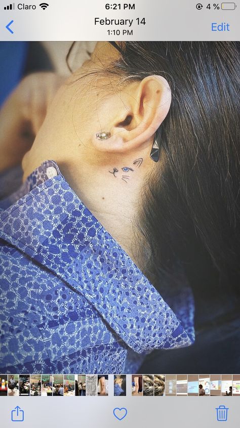 Small Cat Tattoo Behind Ear, Cat Tattoo Designs, Small Cat, Cat Tattoo, Ear Tattoo, Behind Ear Tattoo, Tattoo Designs, Tattoos, Design