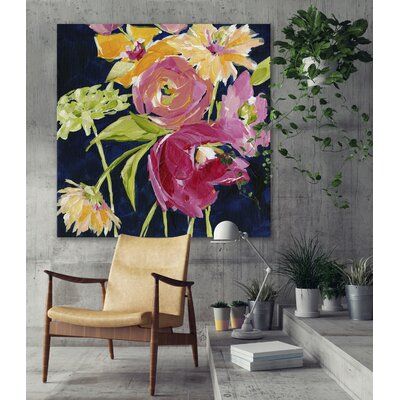 Planted against dark navy, these colourful flowers really stand out! | Winston Porter Navy Flowers I By Susan Pepe Canvas Wall Art 10.0 x 10.0 x 1.5 in | Home Decor | C004456882 | Wayfair Canada Blue And Pink Living Room, Abstract Floral Artwork, Flower Canvas Art, Colourful Flowers, Navy Flowers, Abstract Floral Art, Diy Artwork, Brown Wall Art, Acrylic Abstract