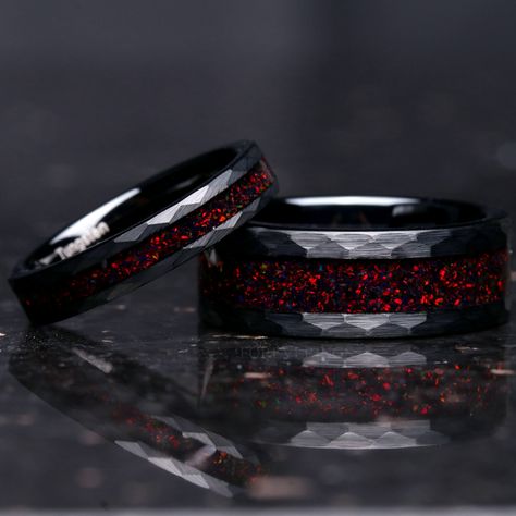 Black And Red Ring, Black And Red Wedding Rings, Black And Red Rings, Fantasy Jewelry Magic, Vampire Wedding, Dark Wedding Theme, Black Fire Opal, Cool Rings For Men, Black Tungsten Rings