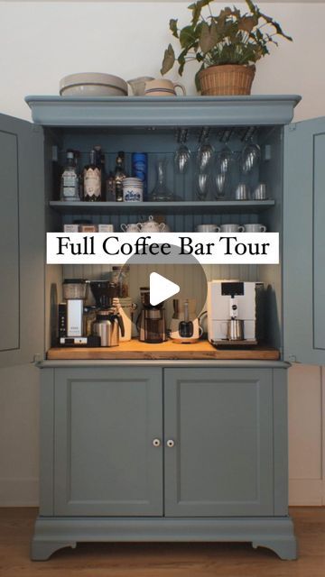 Cabinet Turned Into Coffee Bar, Breakfast Bar Cabinet, Coffee Tea Cabinet, Tv Cabinet Turned Coffee Bar, Enclosed Coffee Bar, Kitchen Cabinet Drink Station, Diy Coffee Station Cabinet, Wardrobe Coffee Bar, Coffee Station Furniture