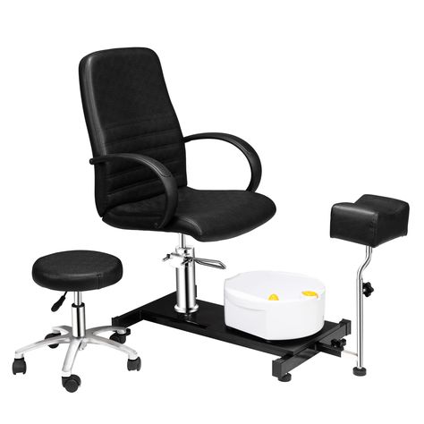 PRICES MAY VARY. 【HYDRAULIC PEDICURE CHAIR】 Hydraulic mechanism raises seat up to an additional 5.9" in height. Swivel chair seat for more convenience in and out. 【ADJUSTABLE FOOT REST】Footrest for client comfort which is adjustable in height, reach and angle. Cushioned foot stand is 10.2’’ long and 3.5’’ thick, designed for foot massage spa. 【ROLLING STOOL】Include a free stool for technician when doing pedicures. Adjustable height varies within 6 inch, together with 360 degree swivel wheels, it Black Pedicure, Shampoo Bowls Salon, Pedicure Station, Pedicure Chair, Relax Spa, Foot Bath, Stool Design, Spa Massage, Foot Massage