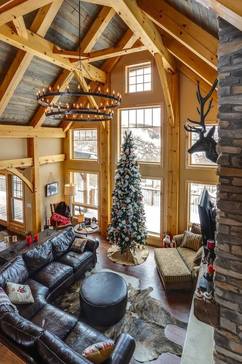 Timber Frame Great Rooms | Timberbuilt Farmhouse Timber Frame, Timber Frame Addition, Mountain Timber Frame Homes, Timber Frame Lighting Ideas, Cabin Feel Home, Timber Frame Homes Interior Kitchens, Timberframe Houses, Lodge Great Room, Timber Frame Home Interiors